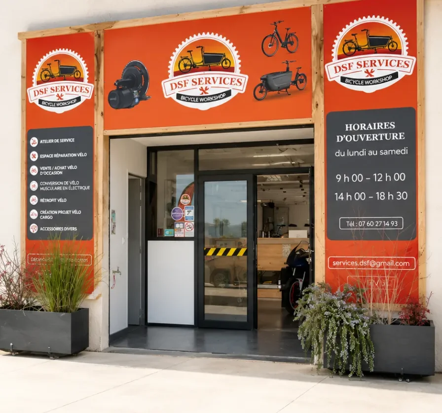 Devanture de l'atelier DSF Services à Douvres-la-Délivrande, enseigne orange et vitrine